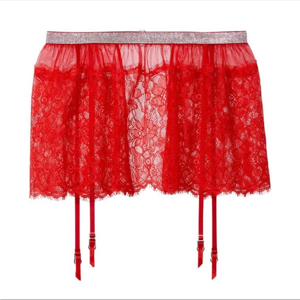 Victoria’s Secret Very Sexy Shine Strap Red Lace Garter Belt Skirt NWT